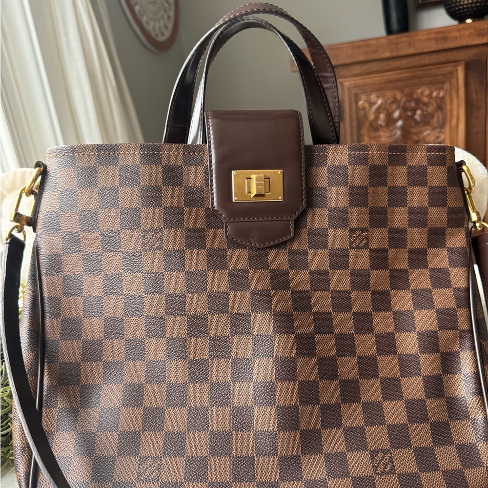 Louis Vuitton Brown Checkered Tote with Gold Hardware
